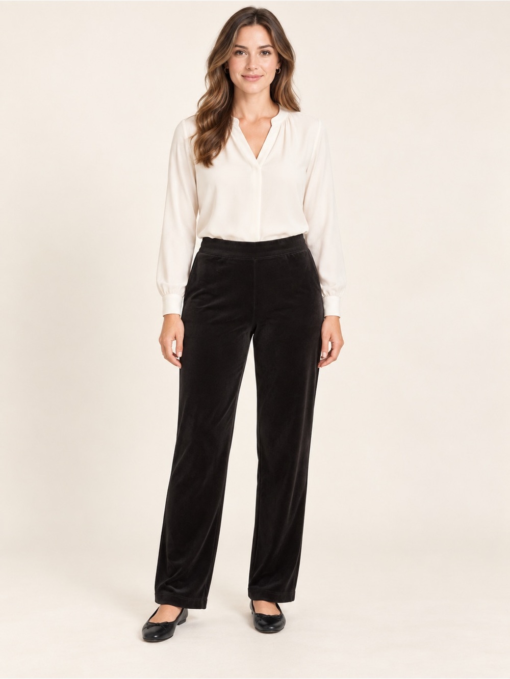 Talbots Luxe Velour Straight-Leg Pants Black Pull-On Size Small